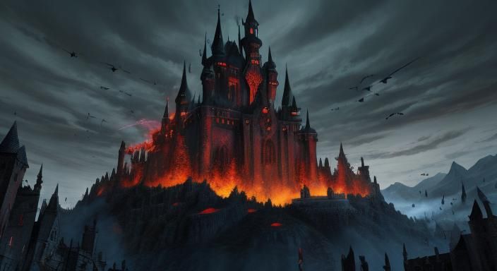 Sorcerer upon a medevil castle casting a spell on invaders b...