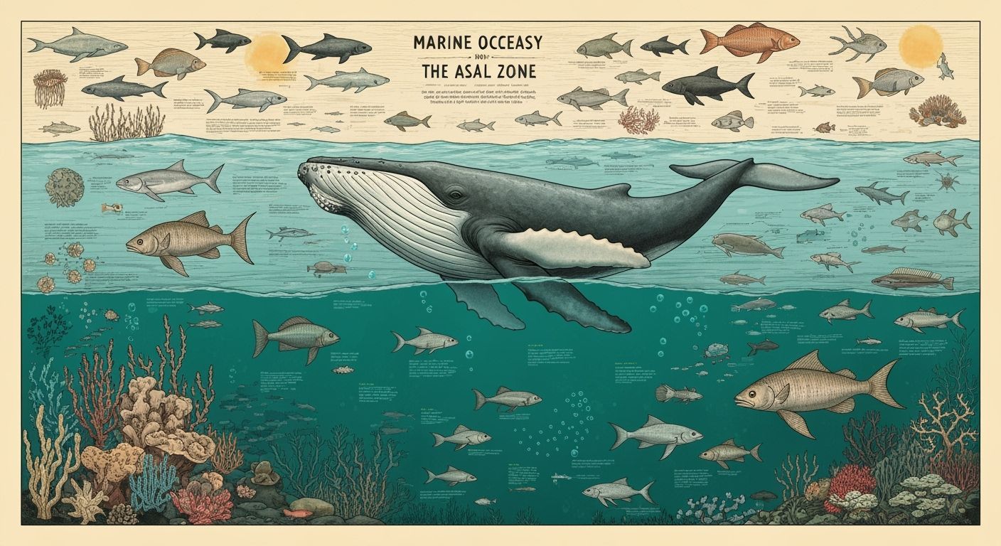 Under the sea infographic poster with various marine life of different areas of the planet. The scene is rendered in the style of a classic ...
