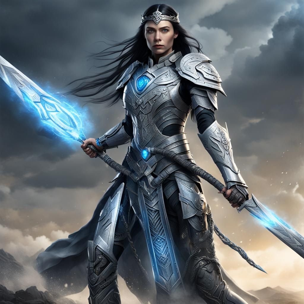 tall, pale, strong jawed woman. tribal markings, long black ...