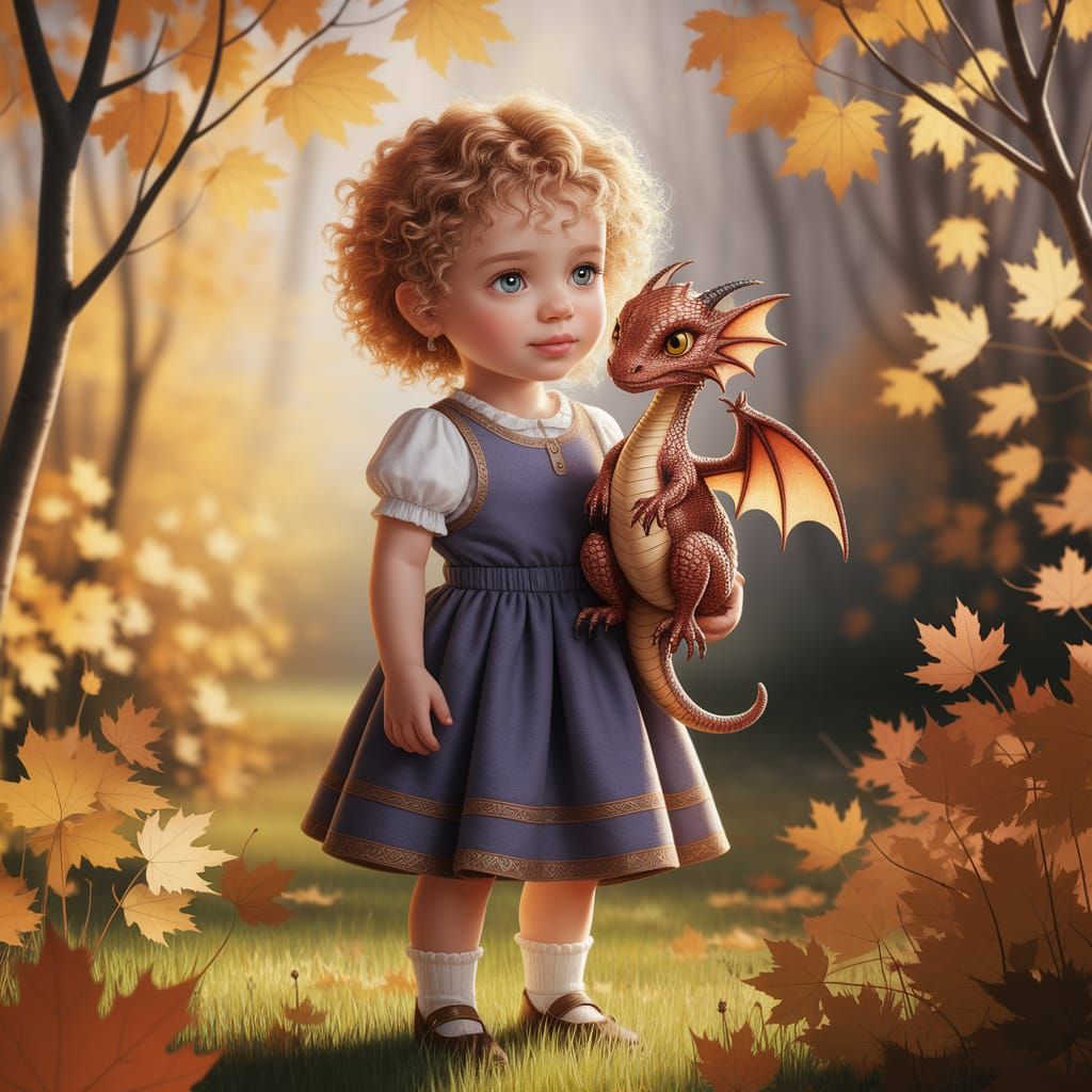 A little girl with a tiny pet dragon 