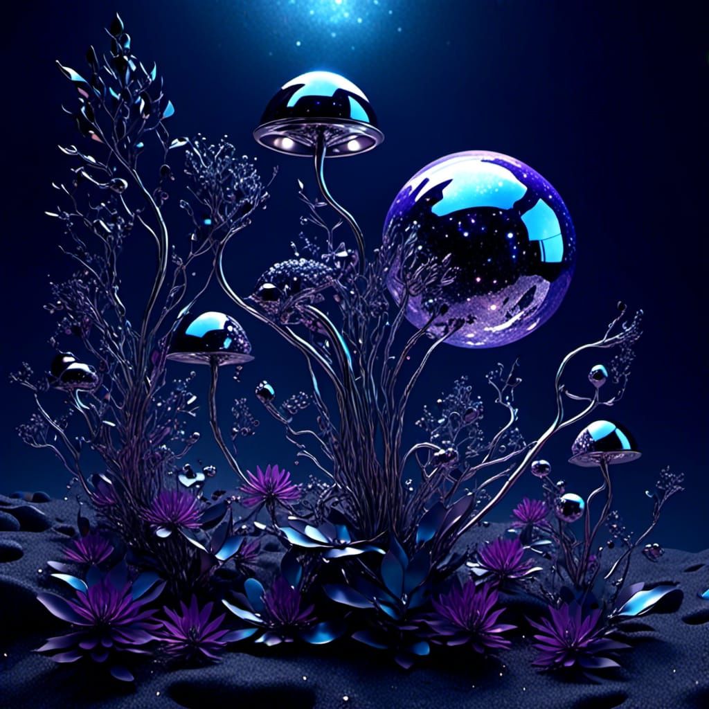 <lora:Spacescapes:1.0> Alien planet with metallic silver plants, reflecting, dark night, stars, planets, galaxies in the sky, all planet ref...