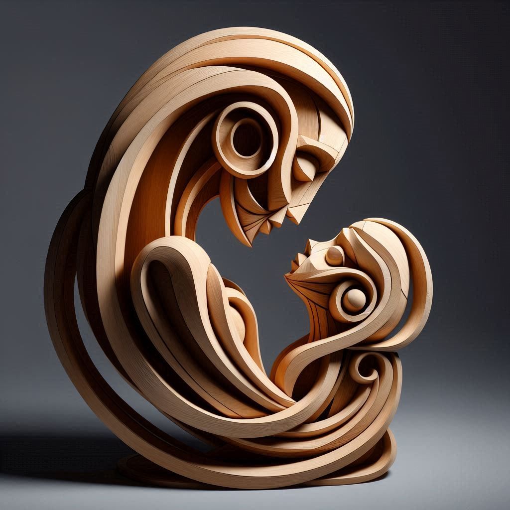 Mother and Daughter wooden carving