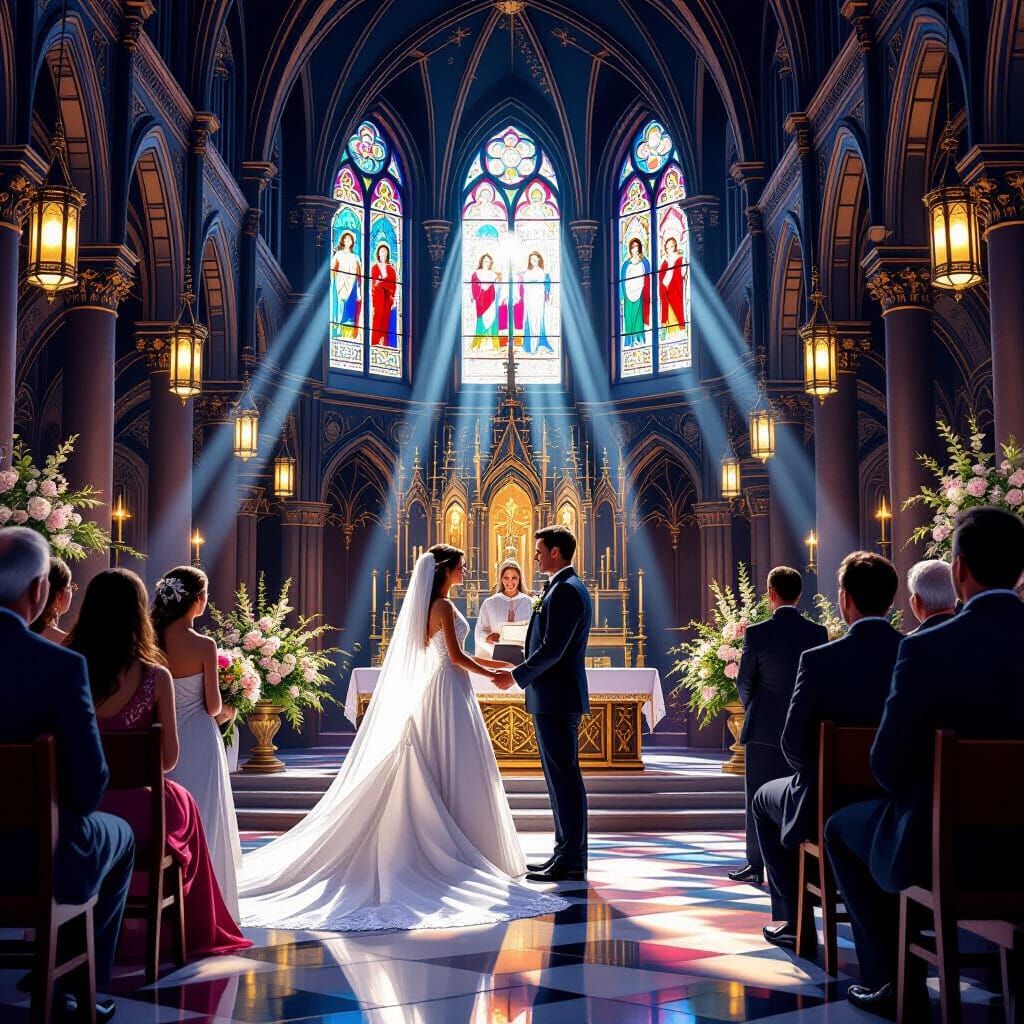 Joyful Wedding in Gothic Cathedral with Ethereal Light