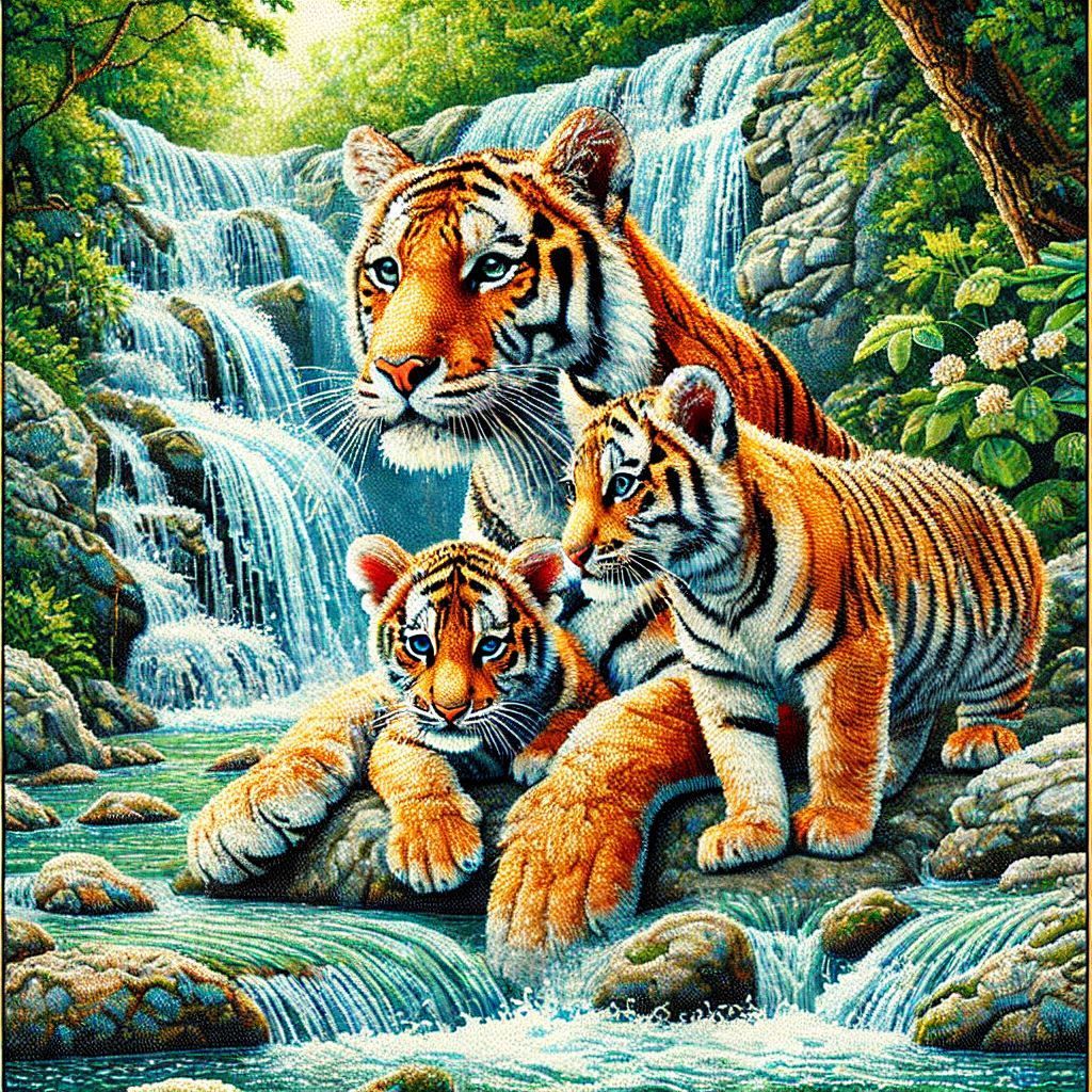 Pointilism tiger and cubs #2