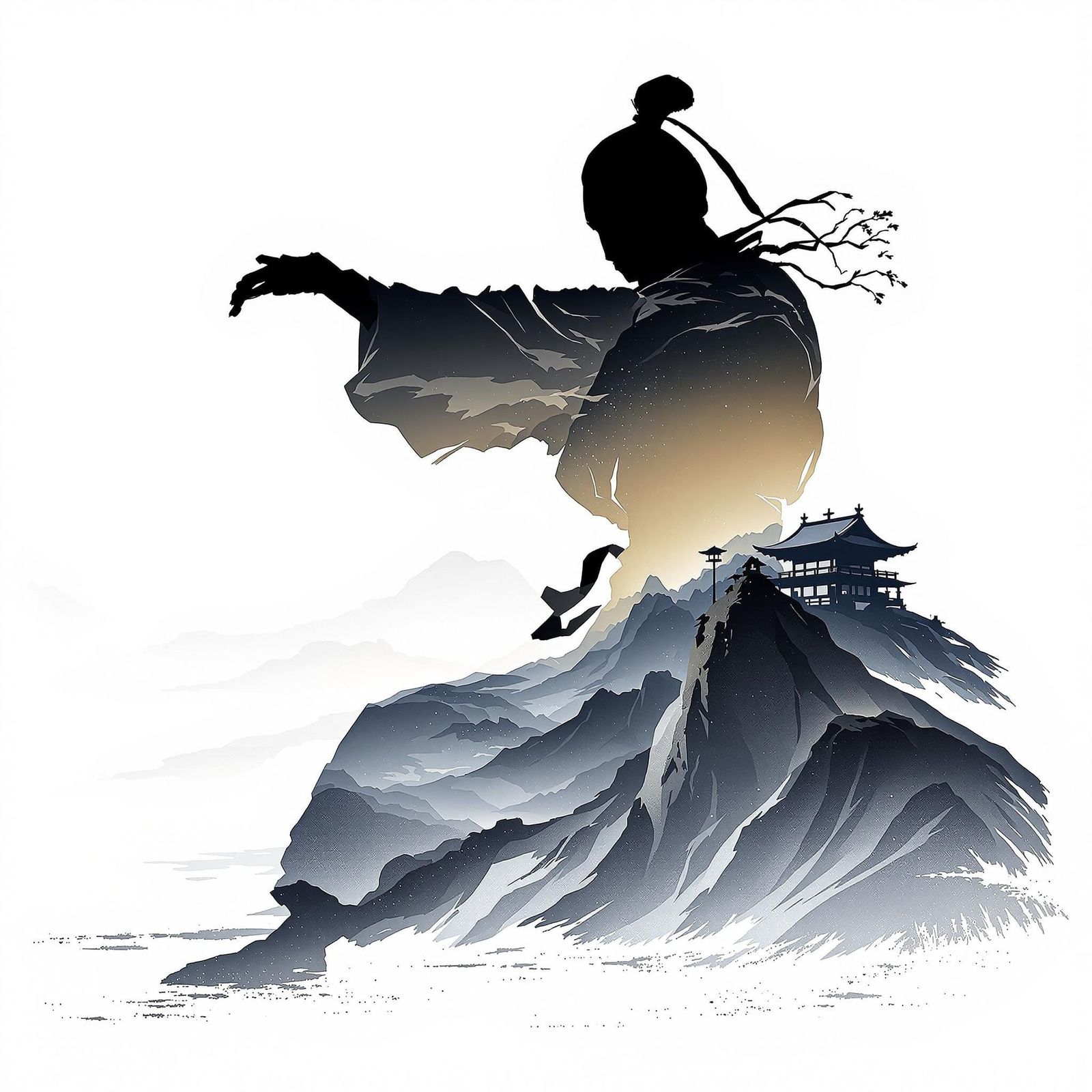 Japanese Warrior Silhouette Reveals Mountain Landscape
