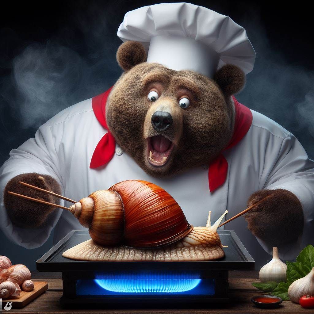 Master Bear Chef preparing a dish with living Escargot