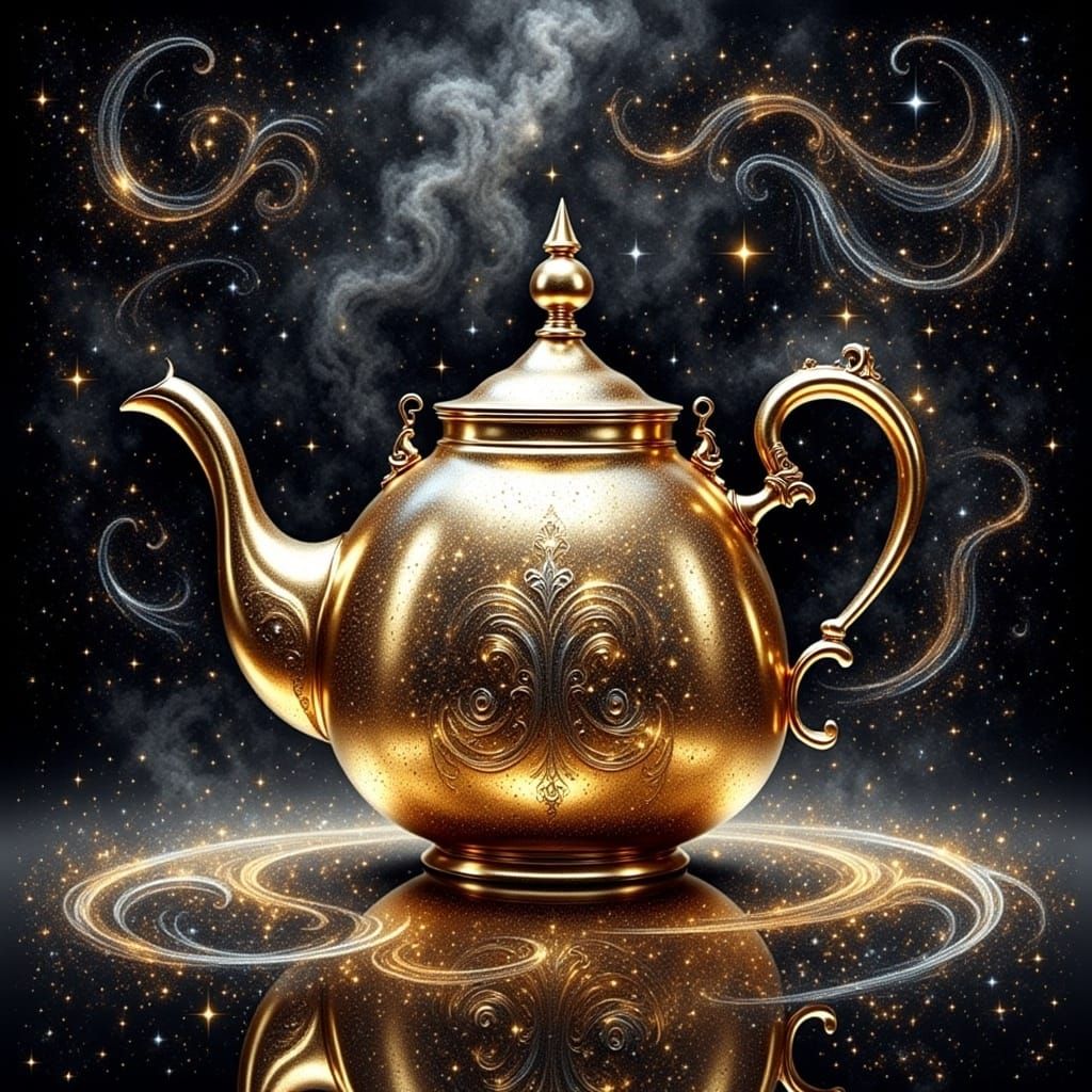 <lora:Swirling Intensity:1.0> Golden shiny teapot on a table,  hazy smoky misty, pastel watercolor, low contrast, metallic silver swirls, sw...