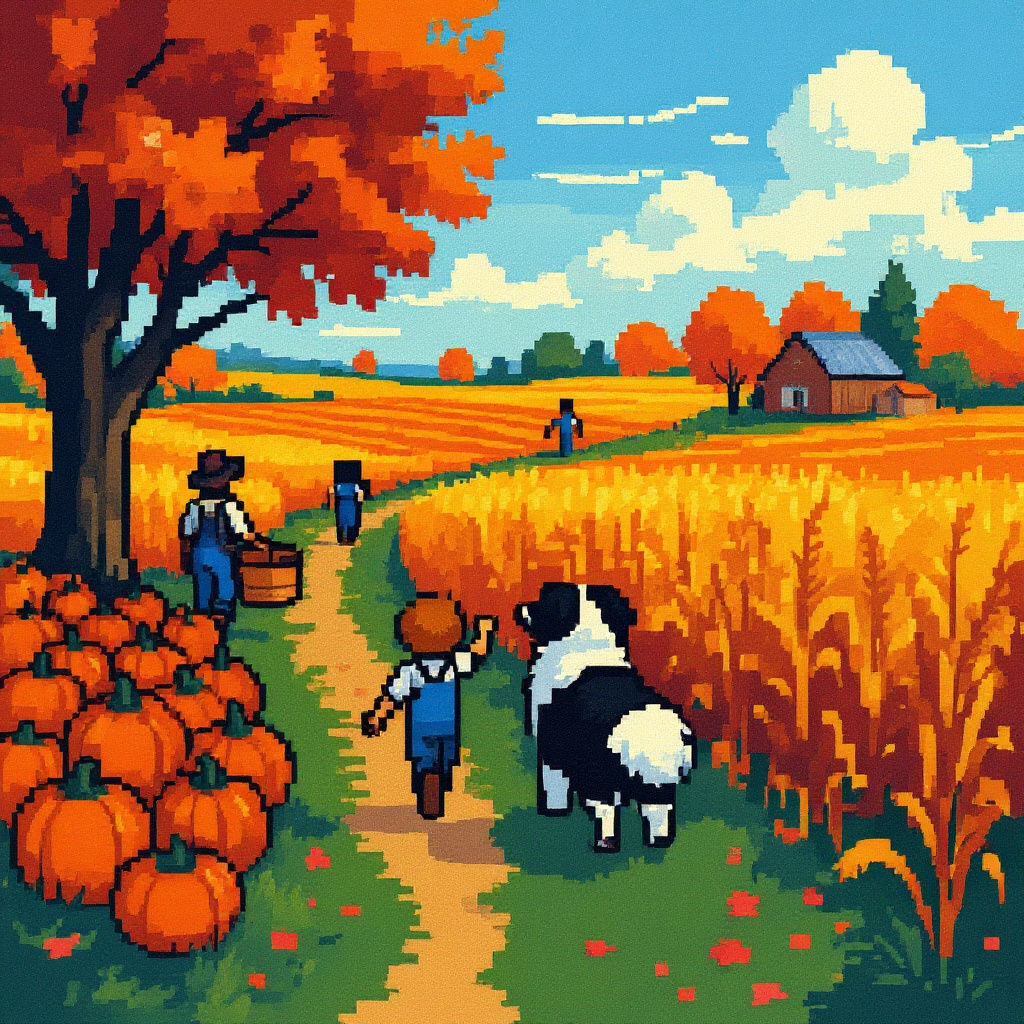 8-bit pixel art of a cozy and detailed autumn harvest scene, with black outlines and an indie aesthetic. The perspective is gentle and sligh...