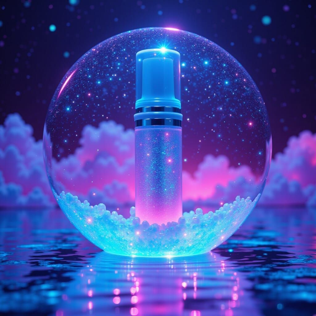 <lora:Radiant Portraiture:1.0> An enchanting beauty product ad for 'Moon Jelly Gloss' — a glowing lip gloss infused with bioluminescent jell...