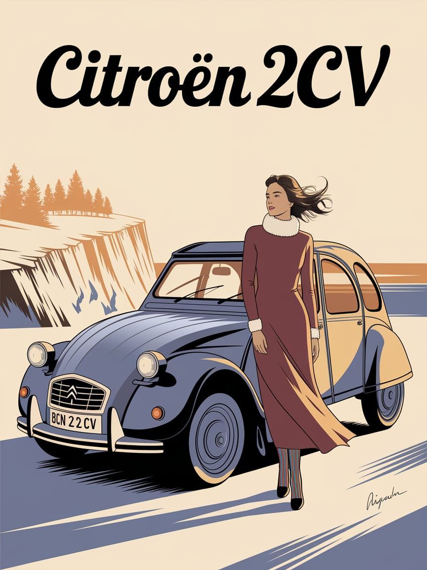 Advertisement poster of a 1960s Citroën 2CV featuring a gorgeous woman and the cliffs of Normandy  by @Fokje