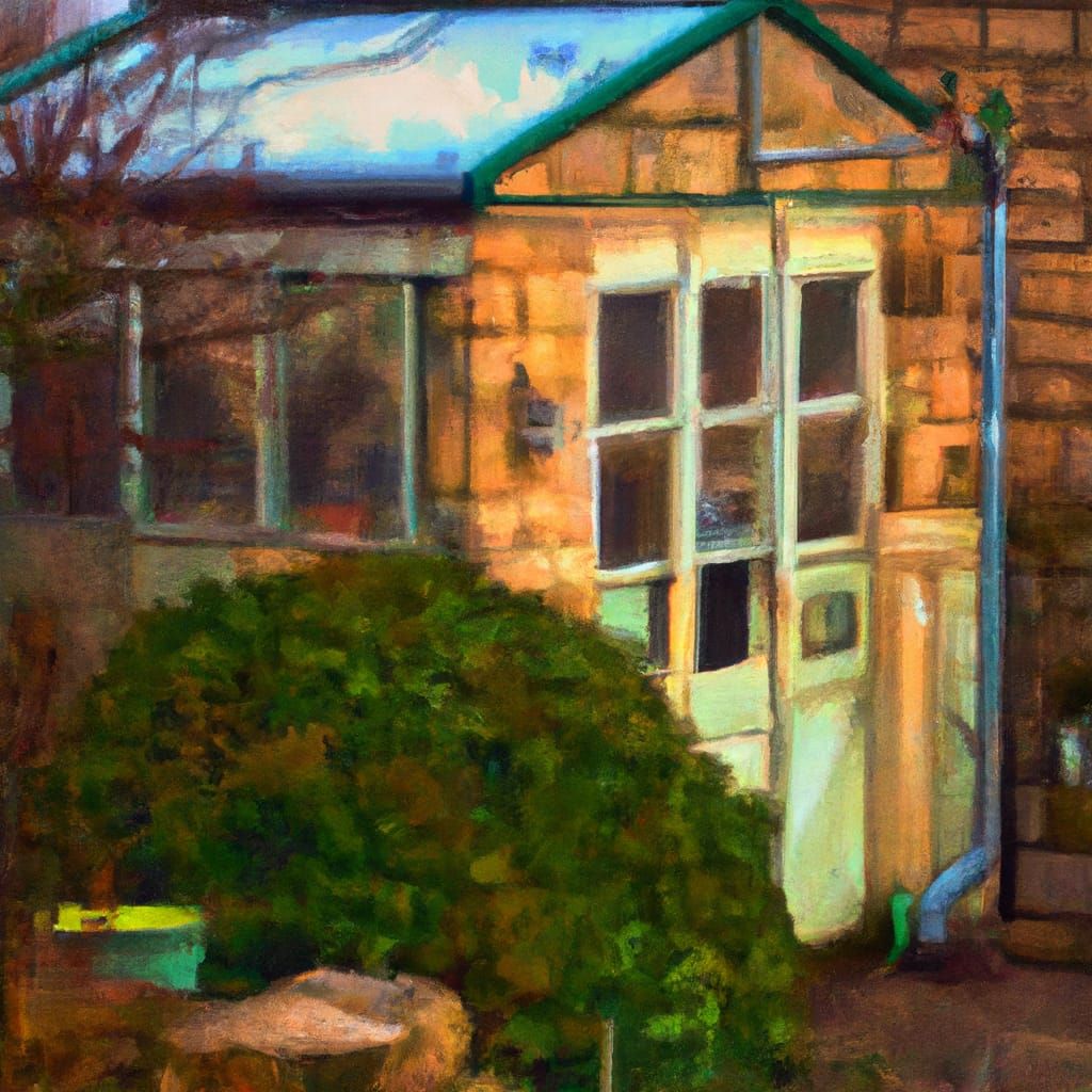 a stone cottage with attached greenhouse cozy pointillism st...