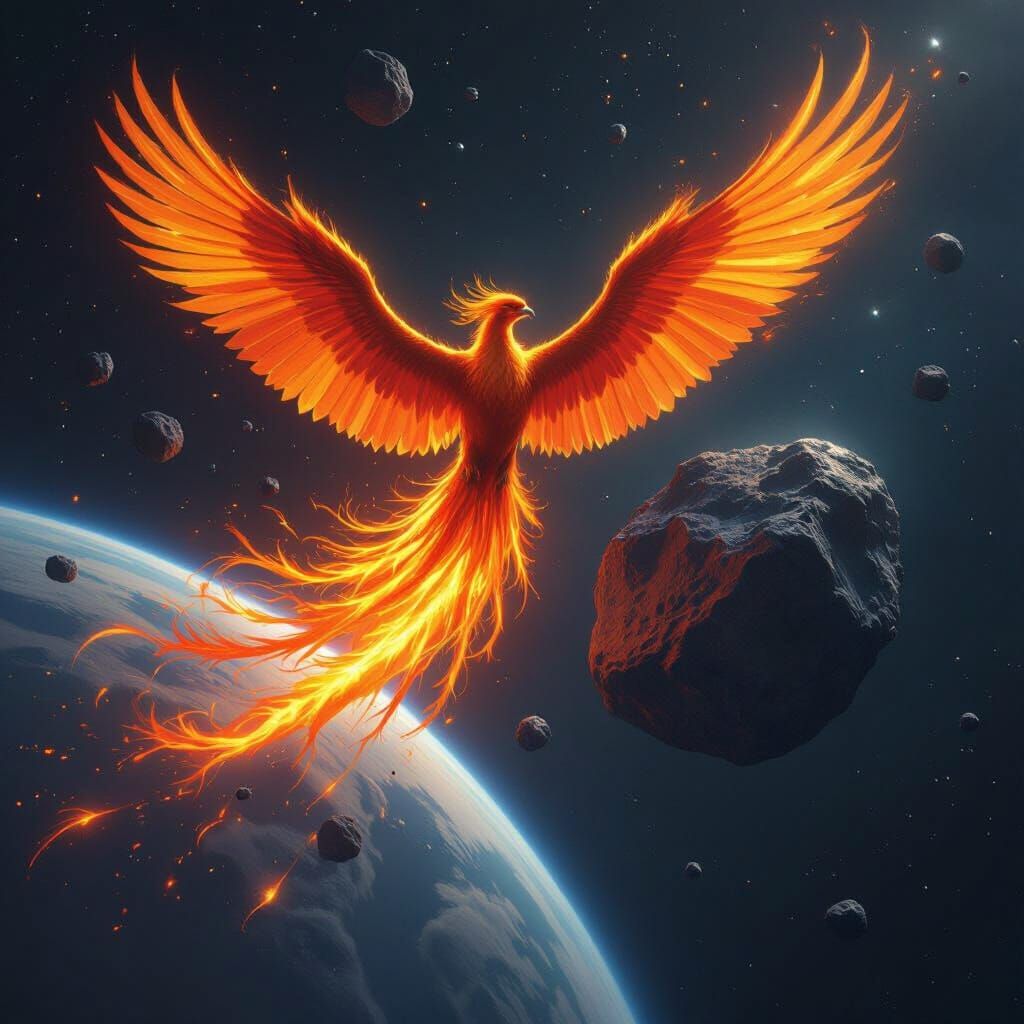 Create a phoenix on fire in the darkness of space heading towards the earth carrying the asteroid Apophis 