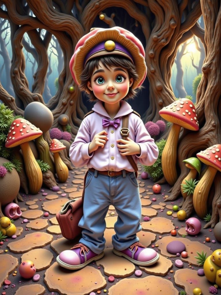 Surreal Twilight Forest with Floating Cheshire Cat Grin