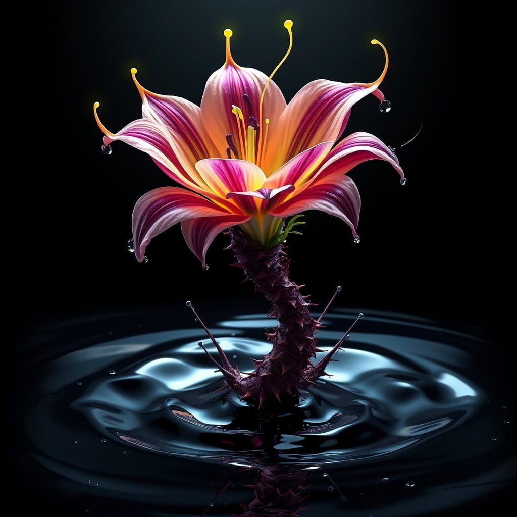 Ethereal Stargazer Lily Blooms Amidst Dark Black Liquid