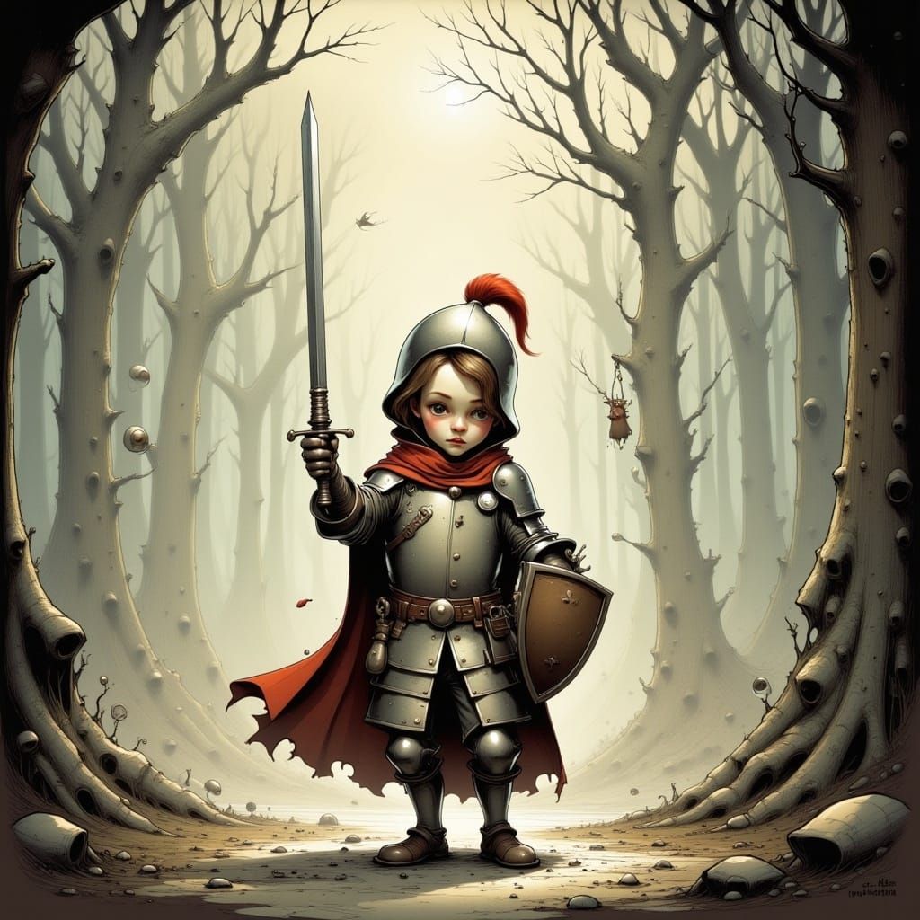 <lora:cuteNcreepy Flux:1.0>  A boy with a sword pretending to be a knight