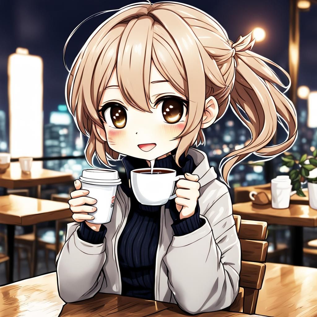 Cute chibi woman drinking coffee in a good mood