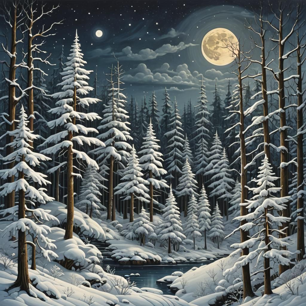snowy forest under the moonlight