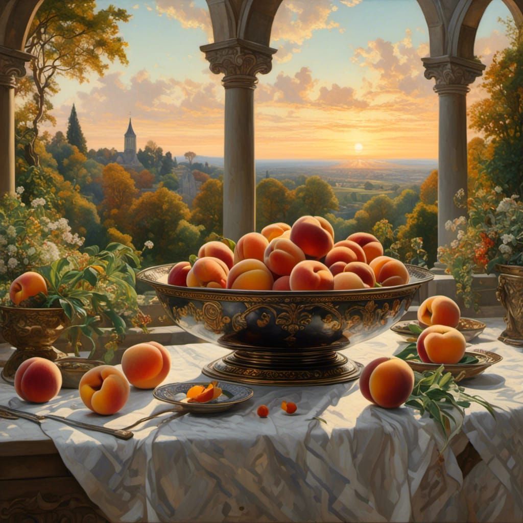 Hyper-detailed, hyper-realistic <lora:Varleyish:1.0> painting, closeup of a bowl of peaches in an herb garden in front of ornate cloisters w...