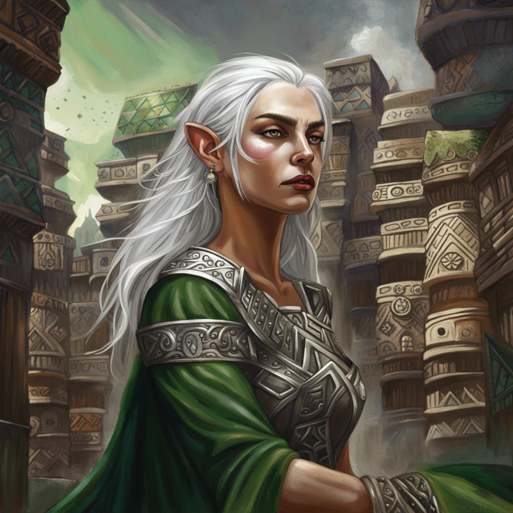 an illustration an elf with pale skin dark lips green eyes and silver ...