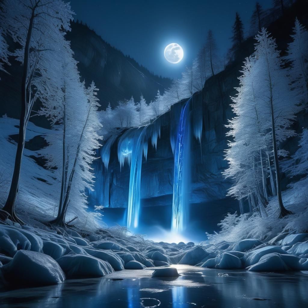 frozen waterfall at night