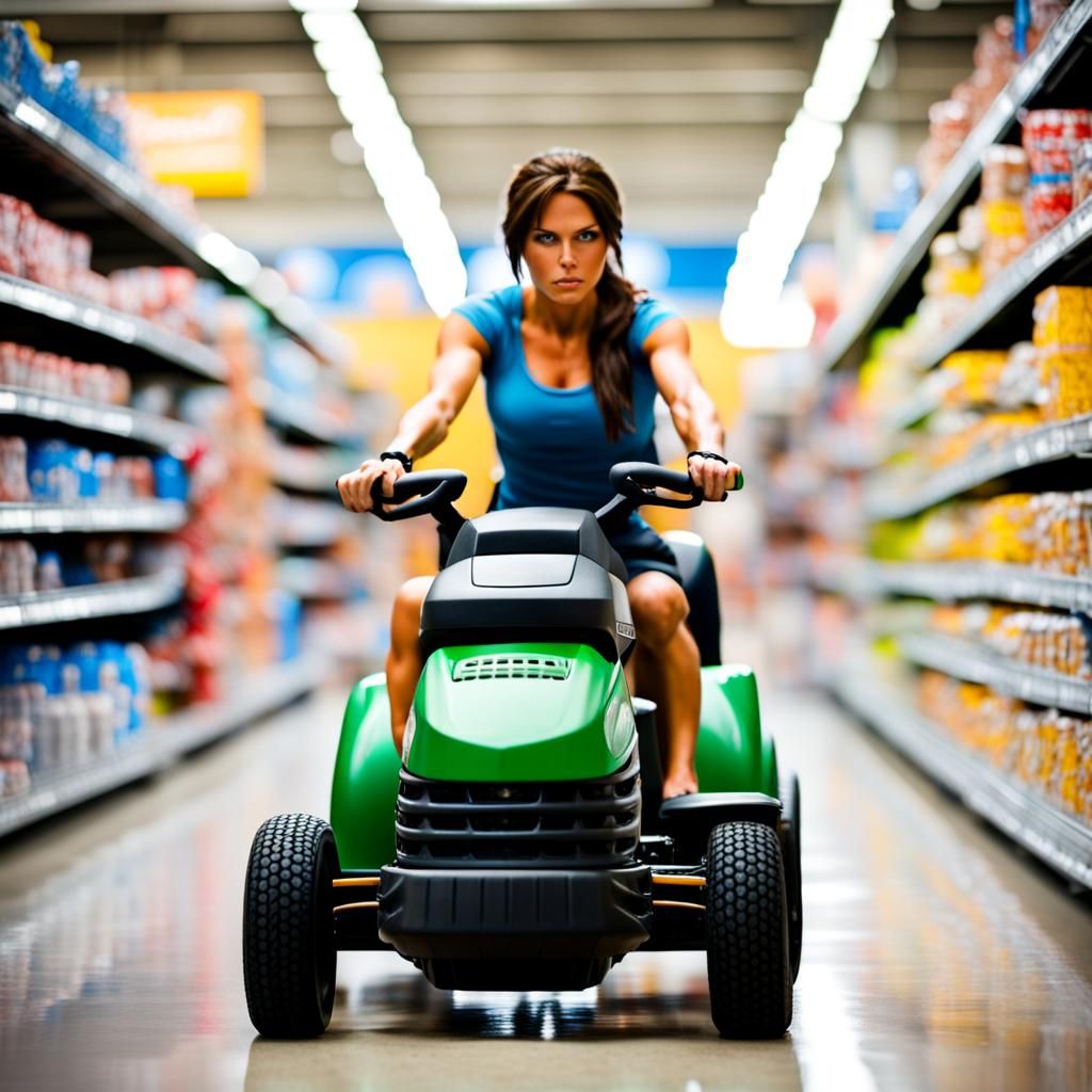 Lara Croft riding a lawn mower through Walmart. - AI Generated Artwork -  NightCafe Creator