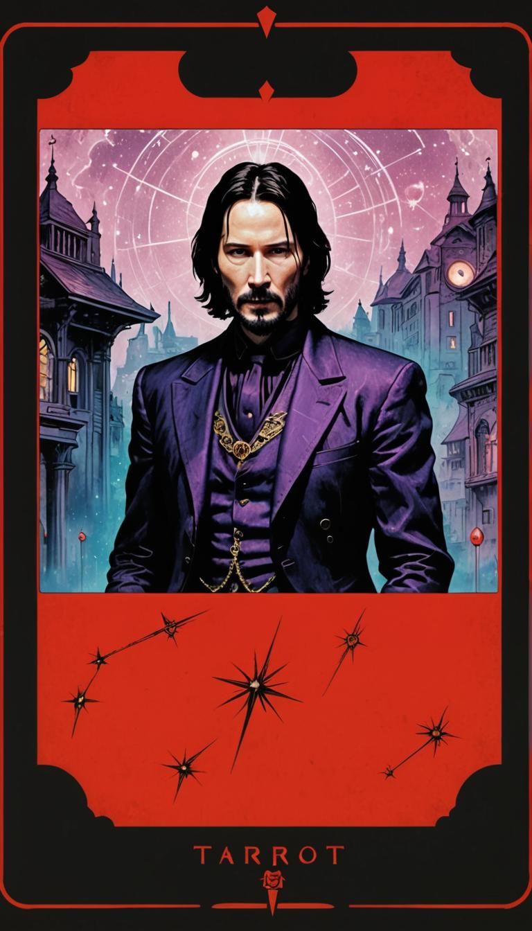 old fashioned tarot card design. 1800's. Keanu Reeves. Ascen...