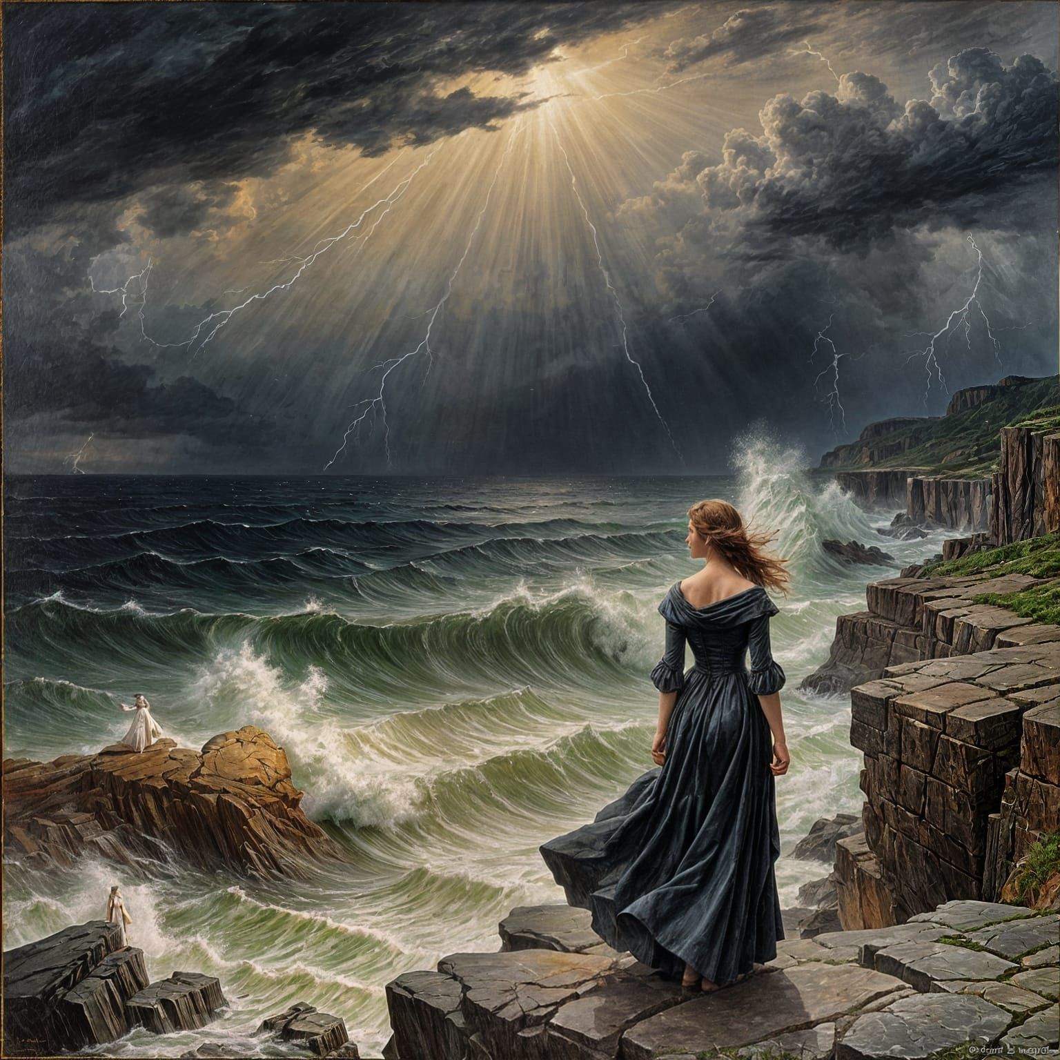 A woman standing on a rocky cliff  overlooking a stormy sea, lightning, 1800s, lonely,  forlorn   by @Tilted25