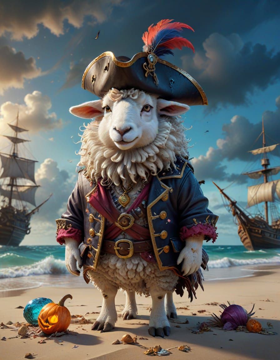 A fluffy sheep dressed as a pirate captain, complete with an eyepatch, a tricorn hat adorned with a feather, and a tiny cutlass. It stands o...