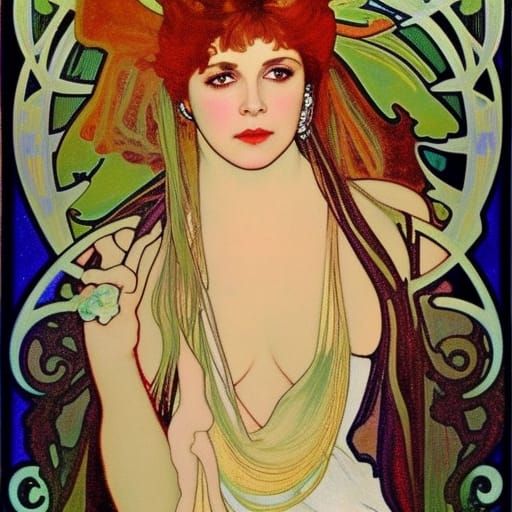 Stevie Nicks portrayed in the style of Alphonse Mucha, paint...