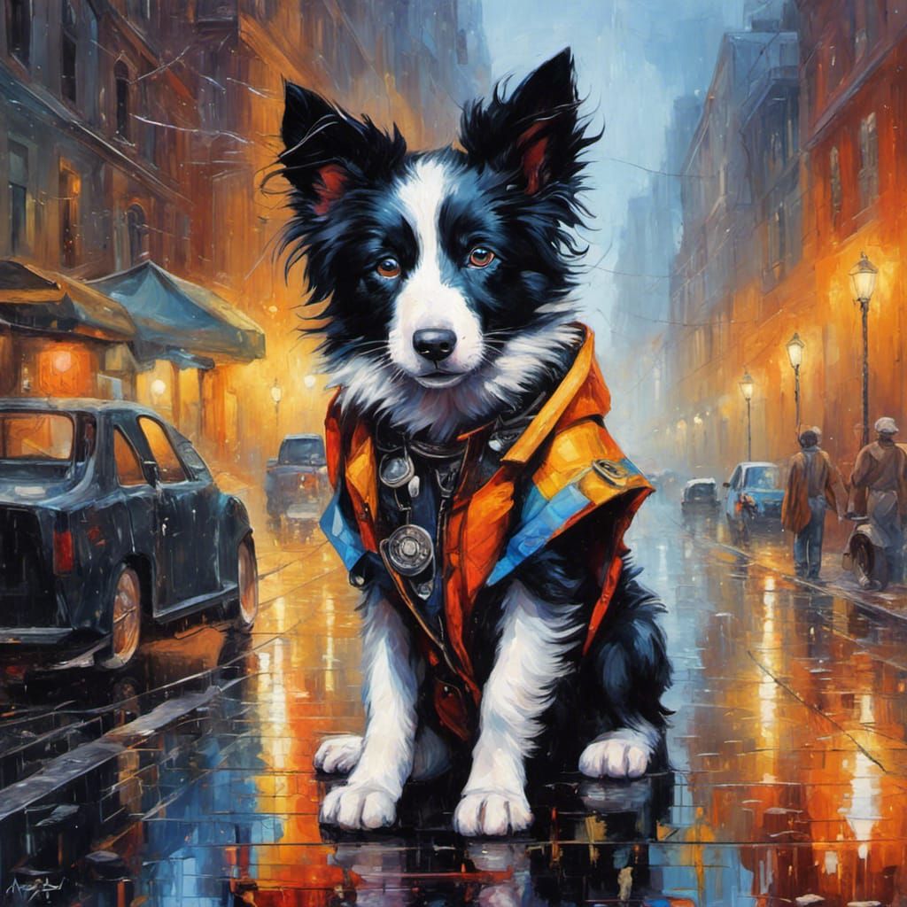 Border Collie ancient Rome city cute little raincoat AI Generated