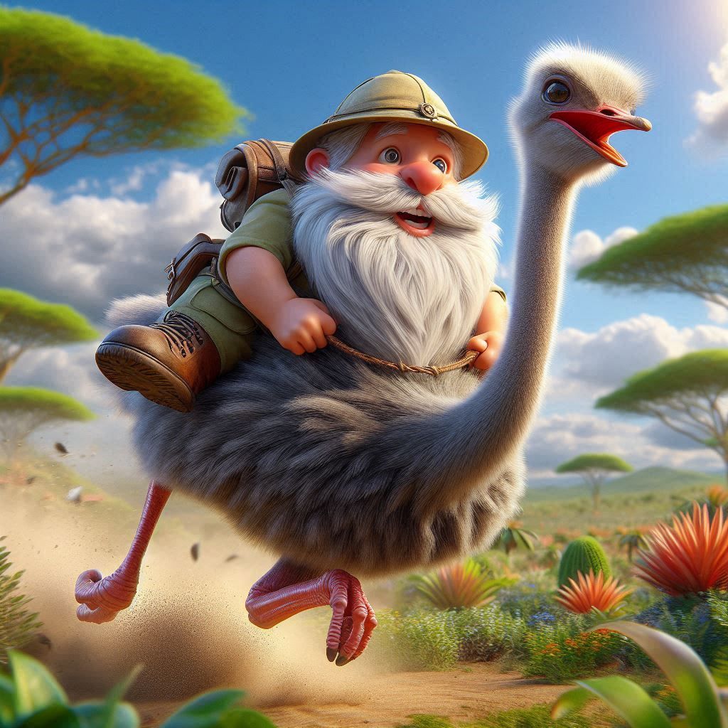 Gnome on Safari...... who needs a 4x4 when you have an Ostri...