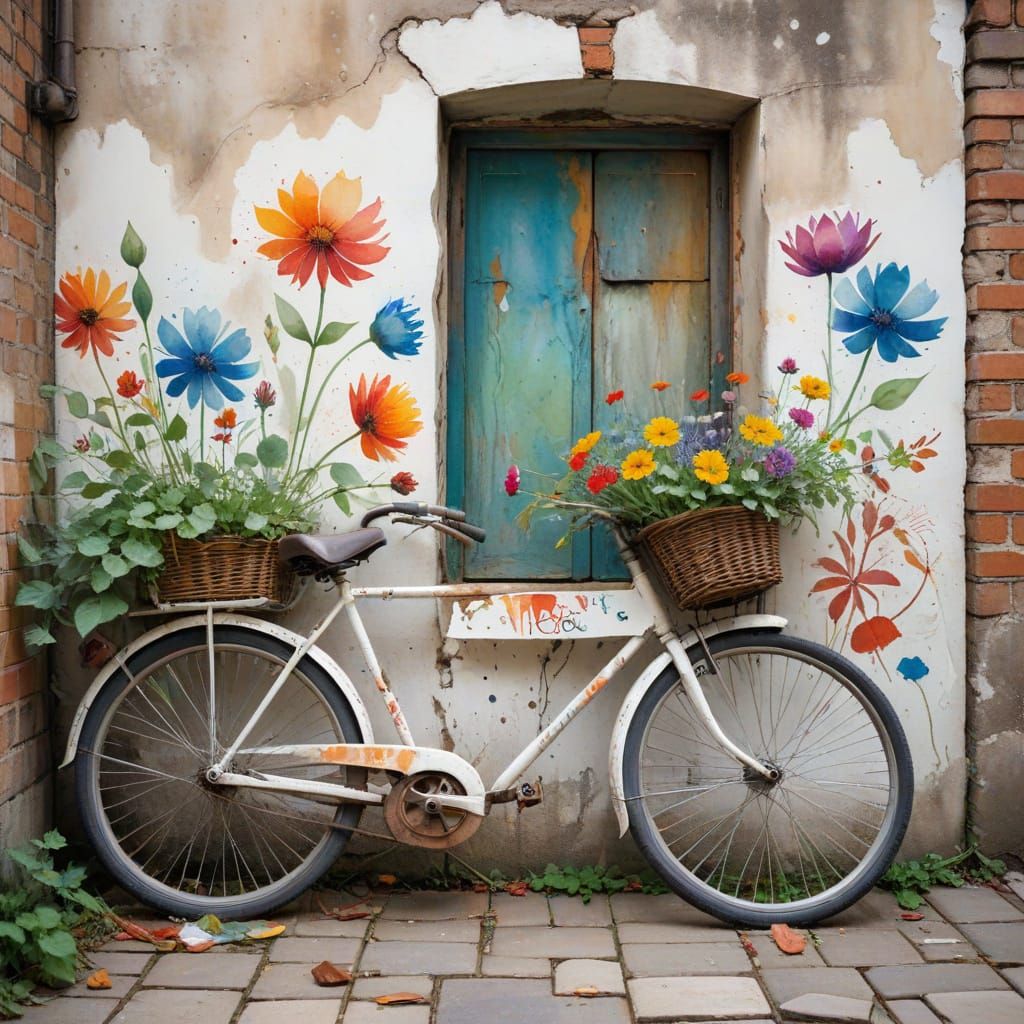 Urban Decay: Bicycle and Wildflowers in Watercolor