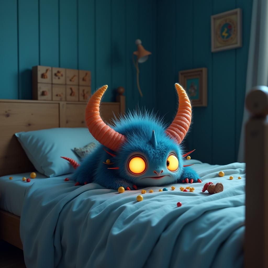 Scary, but cute monster,  under a little boys bed as he sleeps keeping watch