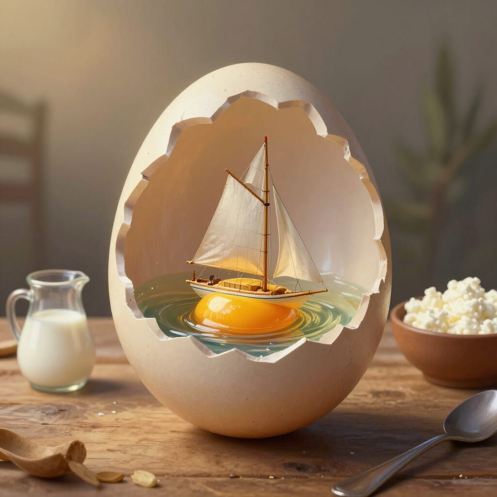 A catamaran sailing boat inside an uncracked egg with the egg yolk  by @Fredsart4U