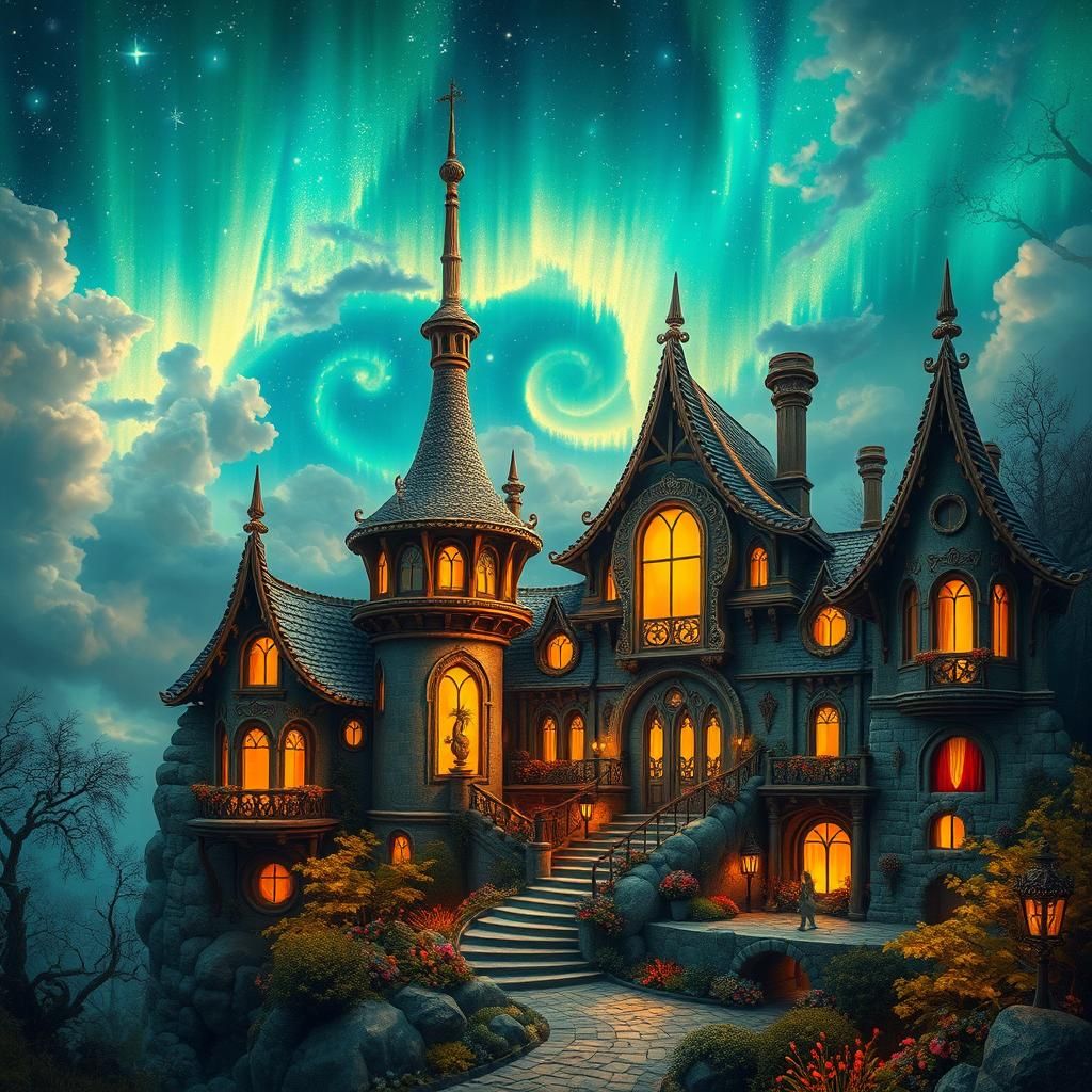 Aurora-Lit Mystical Dreamscape Architecture in Art Nouveau S...