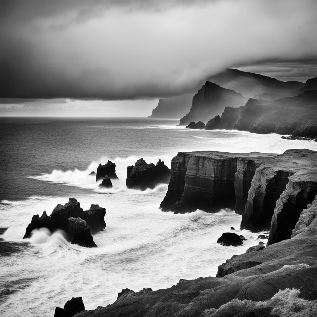 A dramatic coastal scene in black and white. Towering cliffs...