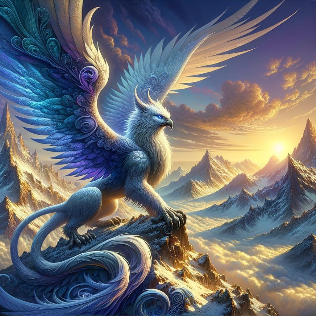 A majestic griffin perched atop a snow-capped mountain peak, its feathers shimmering with an ethereal ...  by @Battlecat23