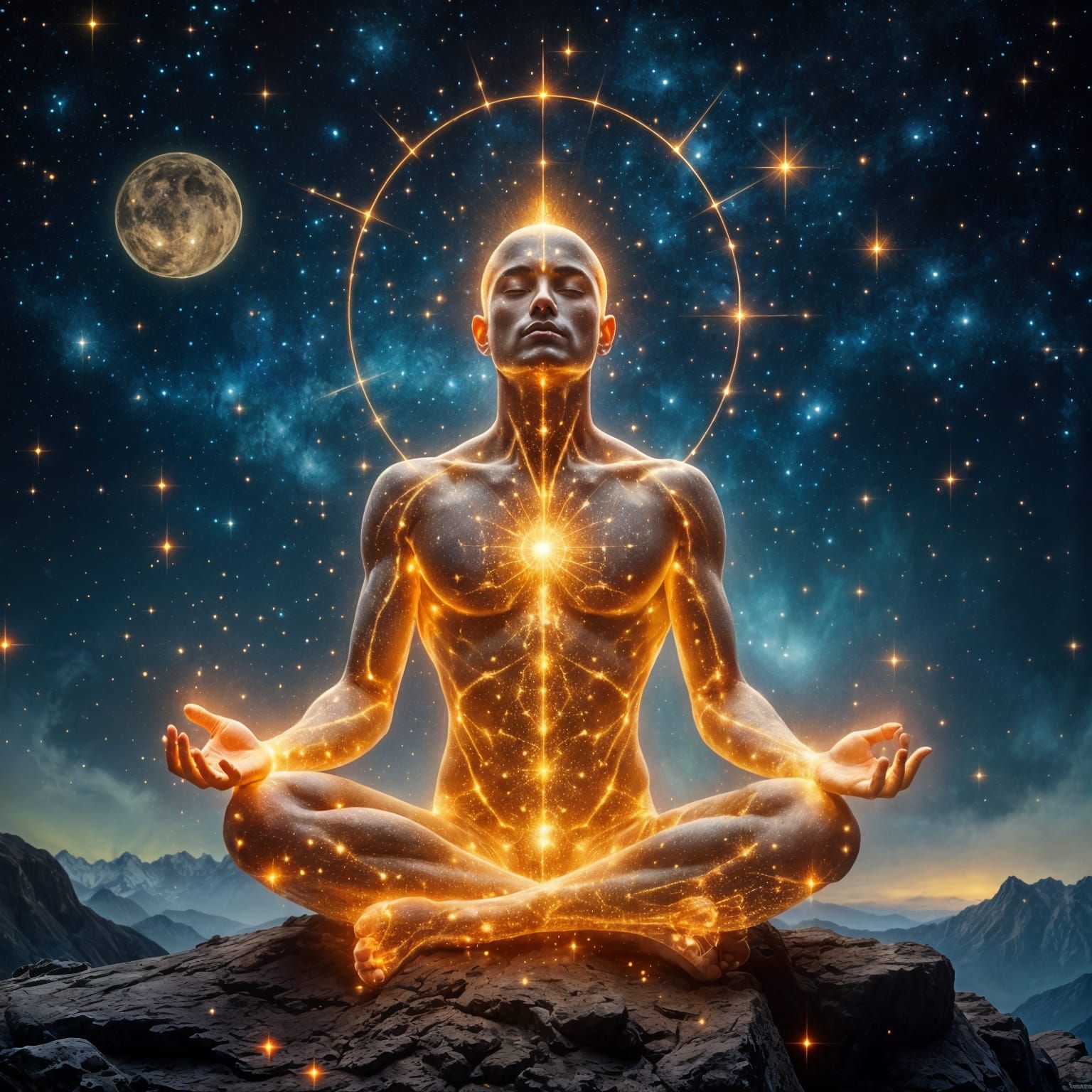 Handsome Yogi Meditating in Starry Space with Aura
