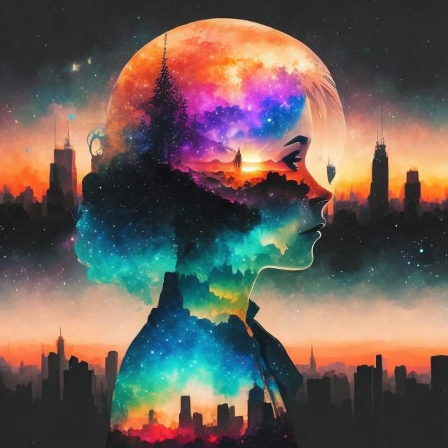 <lora:DUBLEX vDS8:1.0> Double exposure fairy+galaxy+city sunset double exposure, splatter effect galaxy skyline, insane detail 