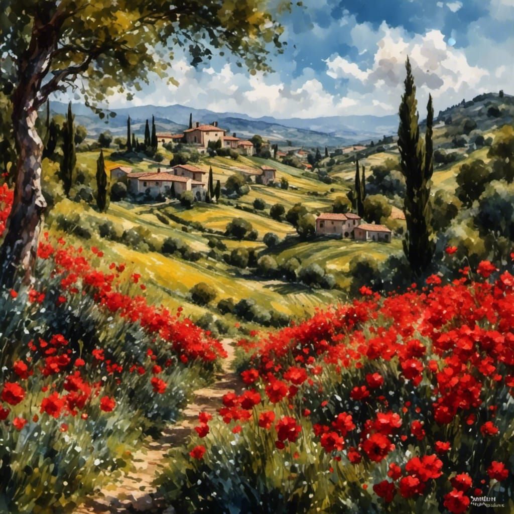 An image of <lora:My Style:1.0> Italian Countryside,  red flowers, by Monet and Picasso. Deep contrast colour, highly detailed, watercolor a...