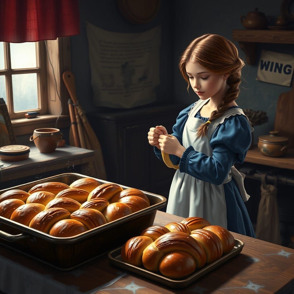 Surreal Girl Bakes Challah in Whimsical Fantasy Setting