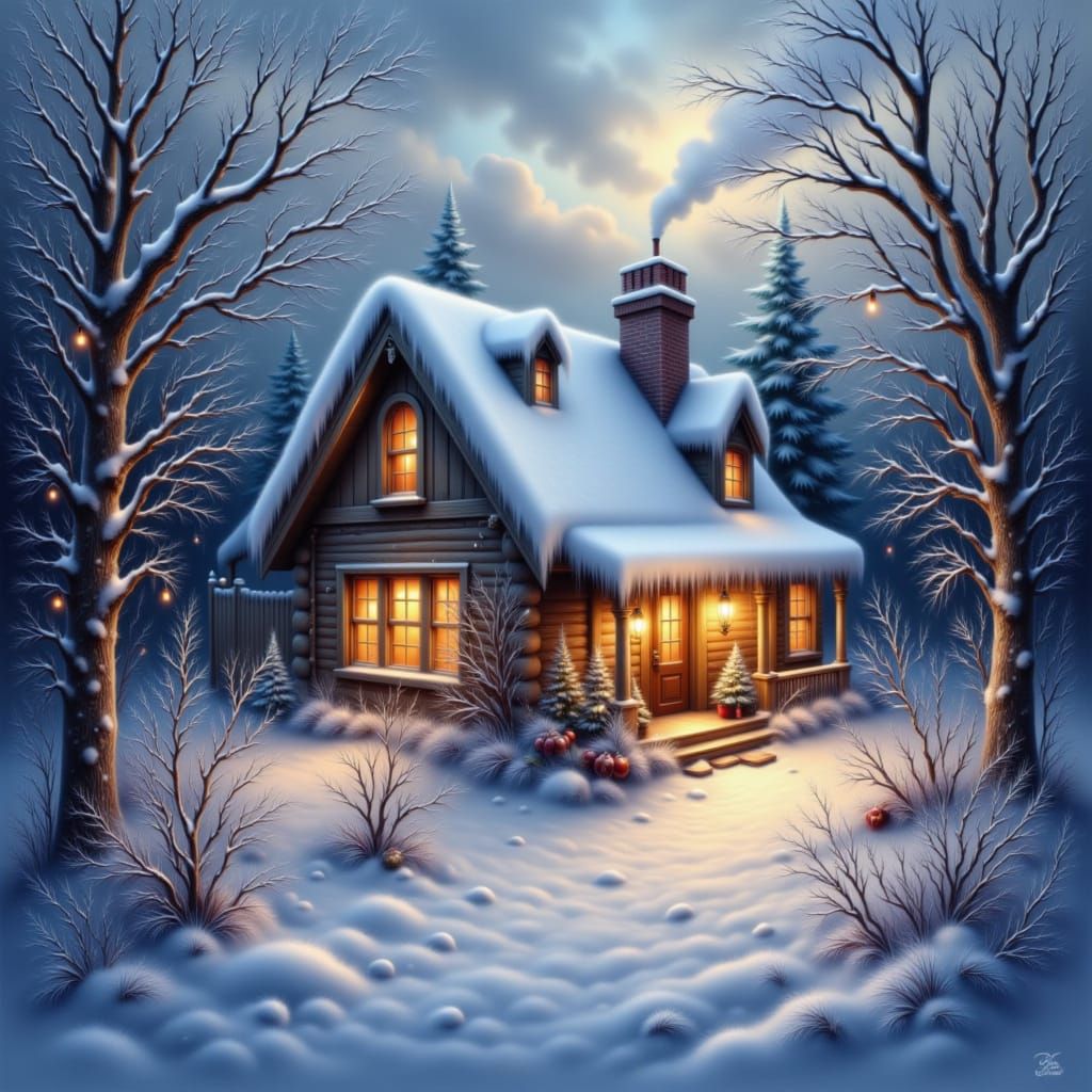 <lora:Christmas Glow 1-02:1.0> Cozy cottage covered in snow, glowing windows, smoke rising from chimney