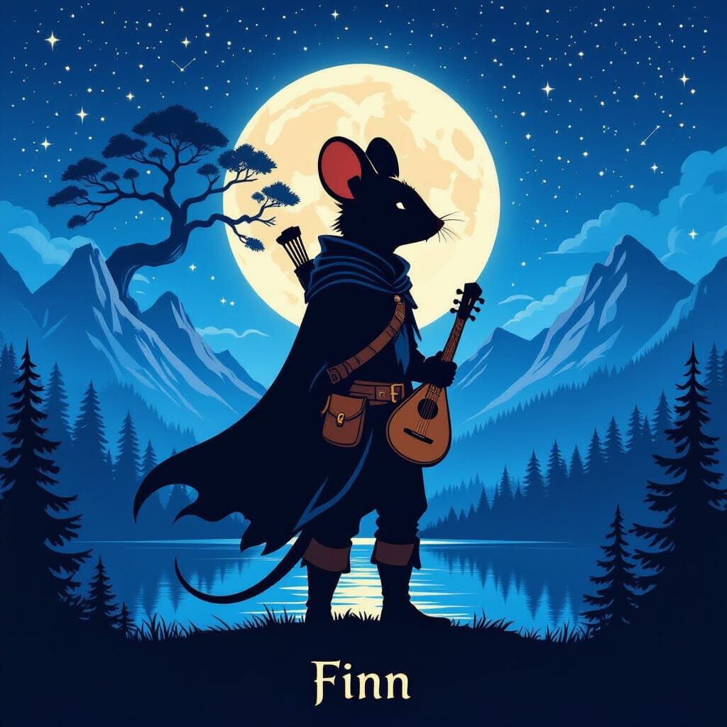 A surreal night landscape where the detailed silhouette of Finn, an anthropomorphic forest mouse wanderer, stands as part of the scenery. Hi...