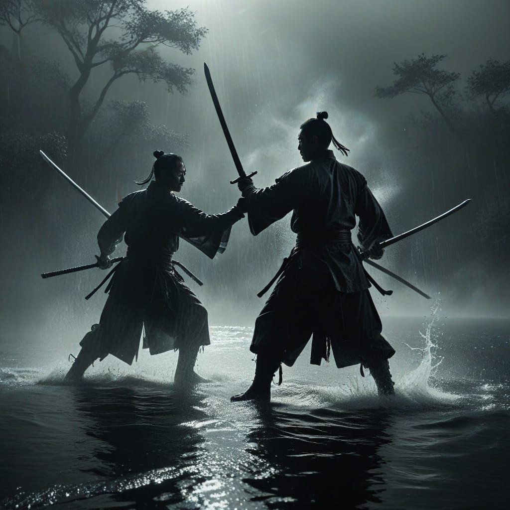 black and white, still, two ancient chinese warriors with swords fighting on the surface of a lake, cinematic still, epic, battle, water, sw...