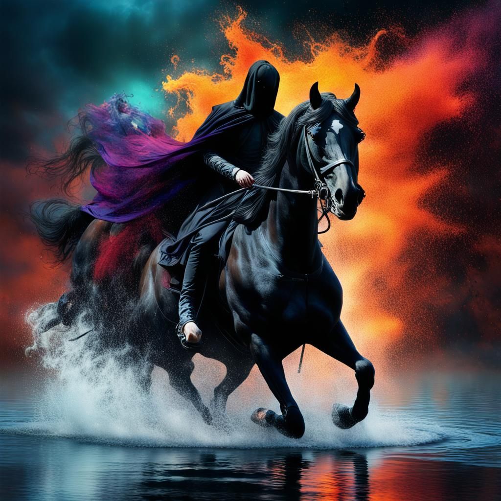 Picture a surreal moment where a headless horseman rides his black ...