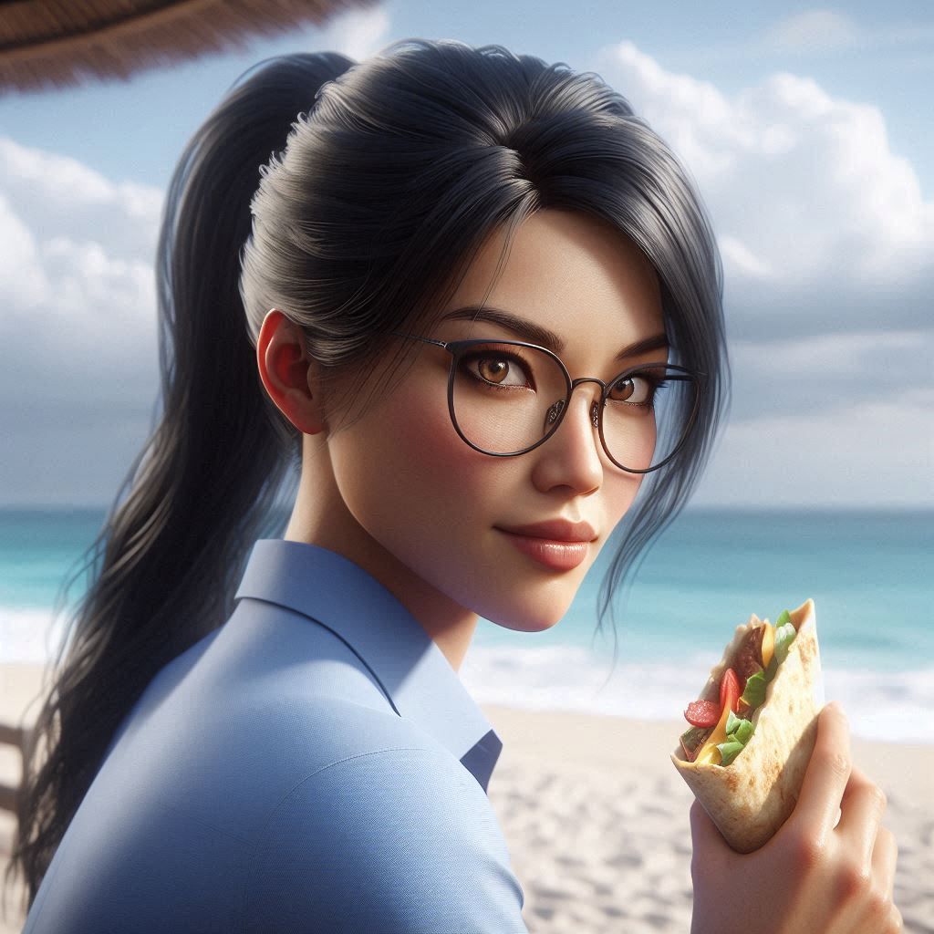 Titaness Kitana having a chicken quesadilla at a beach in Cancun