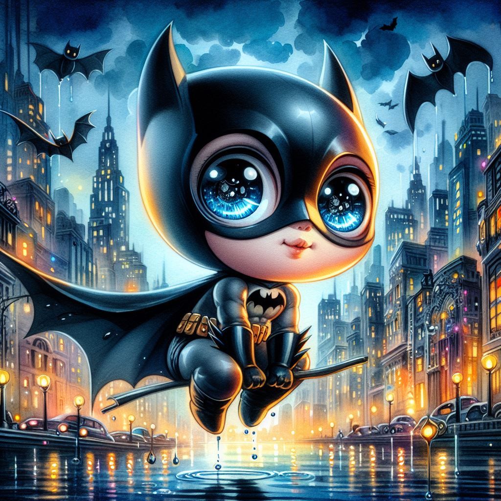 Adorable BABY BATMAN Chibi big eyes in Gotham City