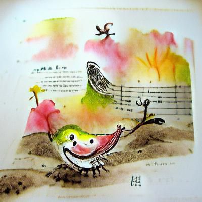 A cheerful song bird ink drawing watercolor storybook illust...
