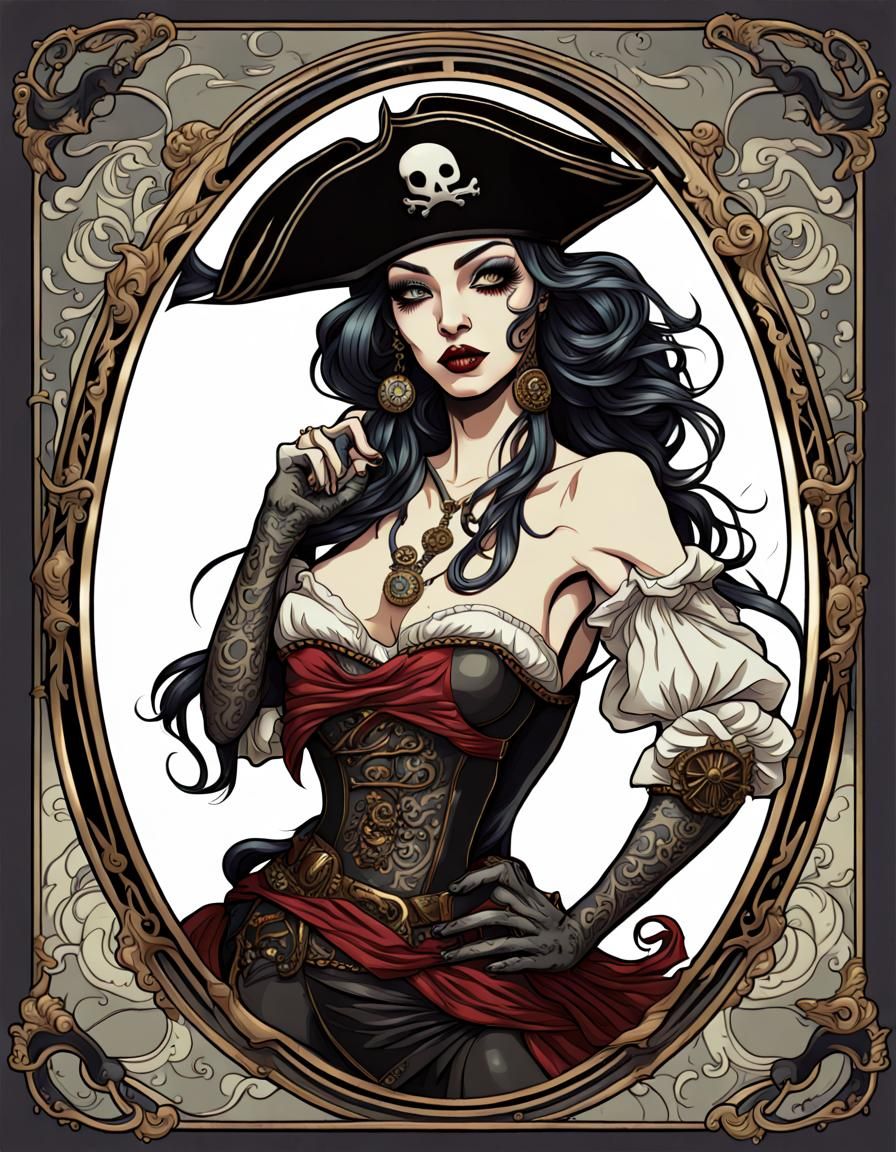 An ornate art nouveau gothic cute pin-up lady pirate drawn i...