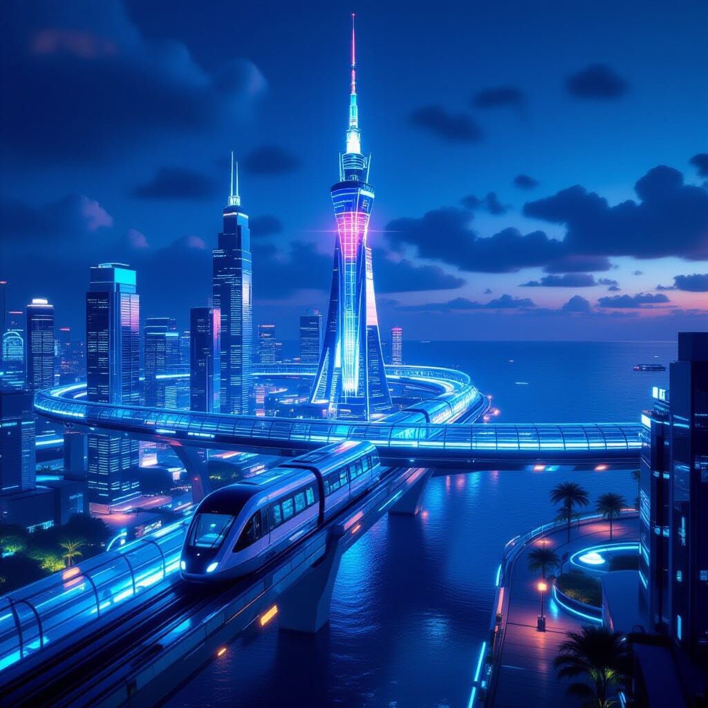 Futuristic Cityscape Radiating Neon Light at Night